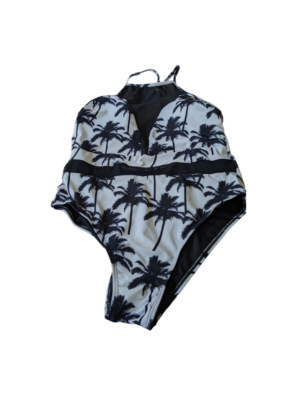 Beach Joy high leg one piece white with black palm trees sheer insert suit Large